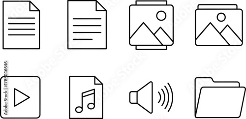 Digital files simple line icon set. Vector pictograms of document, image file, video file, audio file, folder, thin stroke illustration.