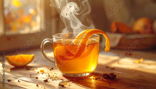 Citrus-Infused Tea Serenity: A delicate dance of steam swirls above a warm cup of citrus-infused tea, adorned with a vibrant orange peel and sun-kissed slice.