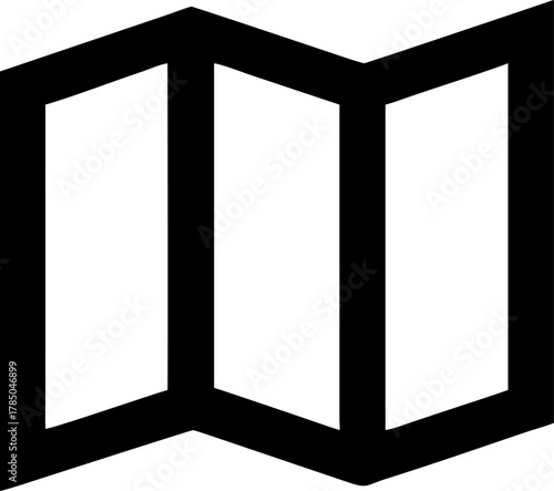 Travel map point, outline folded map icon with a central marker. Navigation location symbol for journey planning or geotagging.
