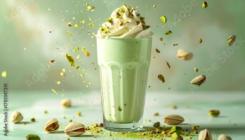 Pistachio Delight: A refreshing pistachio milkshake, garnished with whipped cream and chopped pistachios, is captured mid-air, creating a vibrant display.