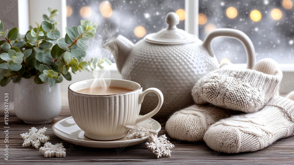Fototapeta premium Cozy winter scene with steaming cup of tea, warm knitted socks, and gentle snowfall outside a window creating a peaceful, hygge atmosphere.