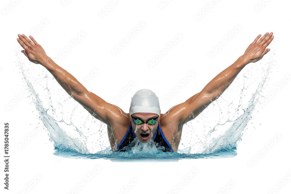 Naklejka premium Professional female swimmer performing the butterfly stroke with a dynamic water splash