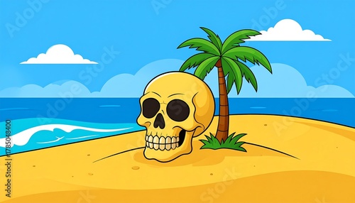 Cartoon Skull on Tropical Beach with Palm Tree, Ocean, and Sky Background