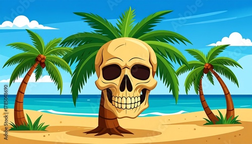 Cartoon Skull on Tropical Beach with Palm Trees and Seaside View