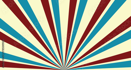 Retro sunburst background with radiating lines in red and blue on a cream canvas