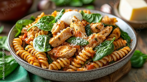 A vibrant plate of pasta featuring tender chicken, fresh spinach, and creamy sauce, garnished with cheese, presented in a rustic bowl, highlighting culinary artistry