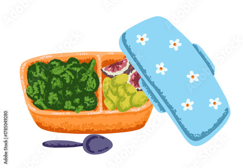 Kids lunch box with fruit and salad for healthy breakfast