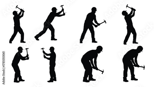 Construction worker with hammer silhouettes isolated on white background, Vector