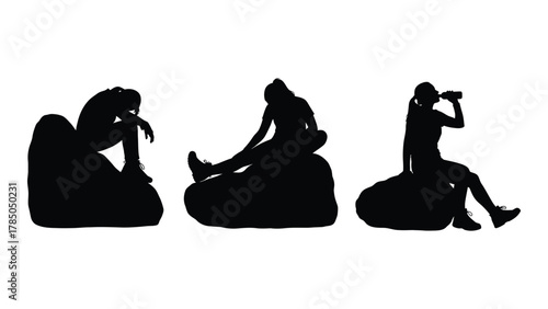 Female silhouettes resting on rocks isolated on white background, Vector