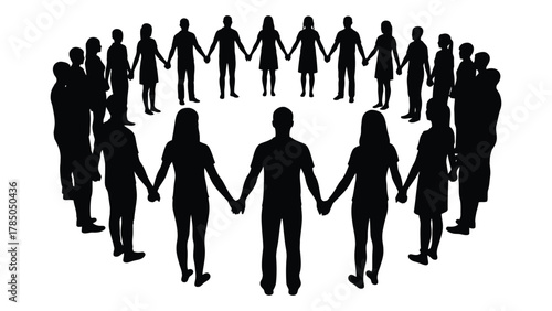 People holding hands in a circle silhouette isolated on white background, Vector