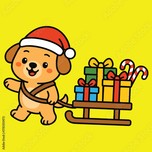 Cute puppy delivering christmas presents on sled