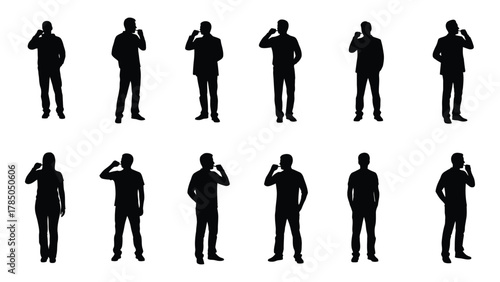 Silhouettes of people interacting with small devices isolated on white background, Vector