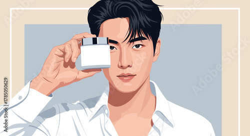 Young Korean idol promoting men’s skincare products for cosmetic advertising and marketing campaigns