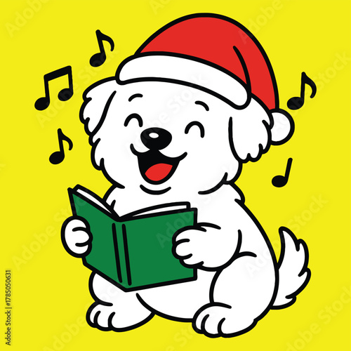 Happy puppy singing christmas carols cheerfully