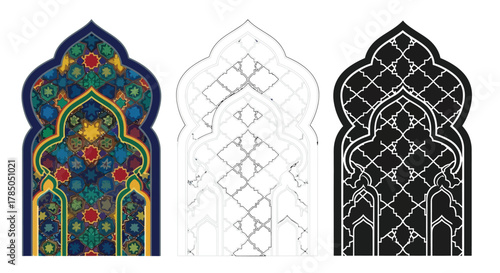 ornate islamic window design in colorful black white variations