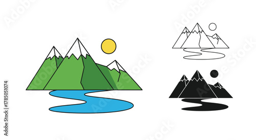 a serene landscape with mountains river sun and artistic black white interpretations