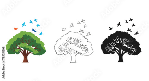 three artistic representations of trees with birds flying around them