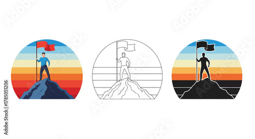 a person stands atop mountain peak holding flag against colorful sky