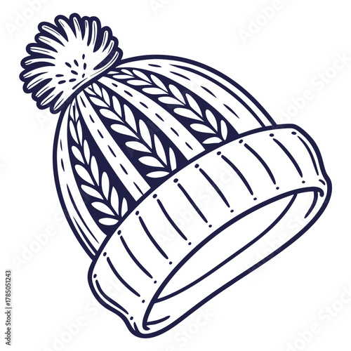 Hand- Drawn Dark Blue Winter Beanie With Pom- Pom knit wool