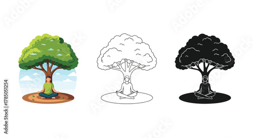 three artistic representations of a tree in color outline and silhouette