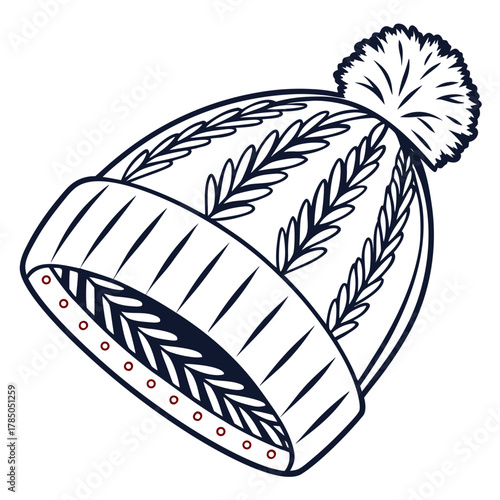 Outline Drawing of a Navy Winter Hat with Pom- Pom and Red Accents beanie knit