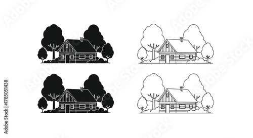 a cozy house surrounded by tall trees depicted in four different styles