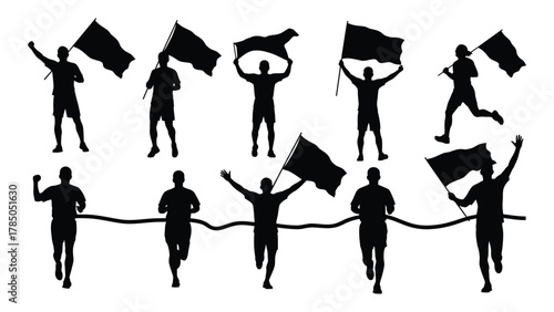 Running and flag waving silhouettes isolated on white background, Vector