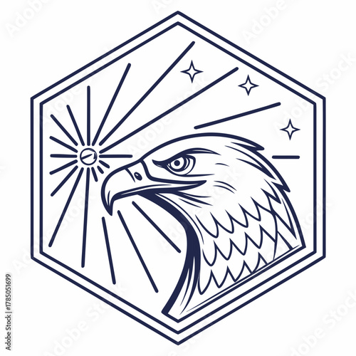 Eagle head in hexagonal frame with sunburst and stars Keywords: eagle, bird, head, profile
