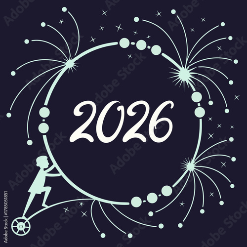New Year 2026 with Silhouette Pushing a Scooter and Fireworks celebration