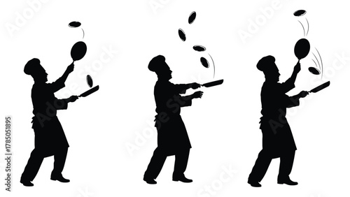 Chef juggling pancakes silhouette isolated on white background, Vector