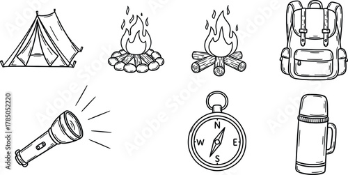 Camping essentials simple doodle icon set. Vector pictograms of tent, campfire, backpack, flashlight, compass, thermos, simple sketch illustration.