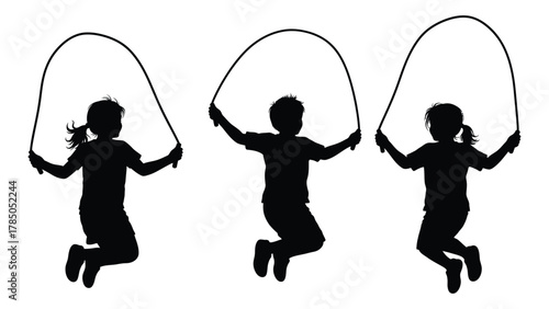 Children jumping rope silhouettes isolated on white background, Vector