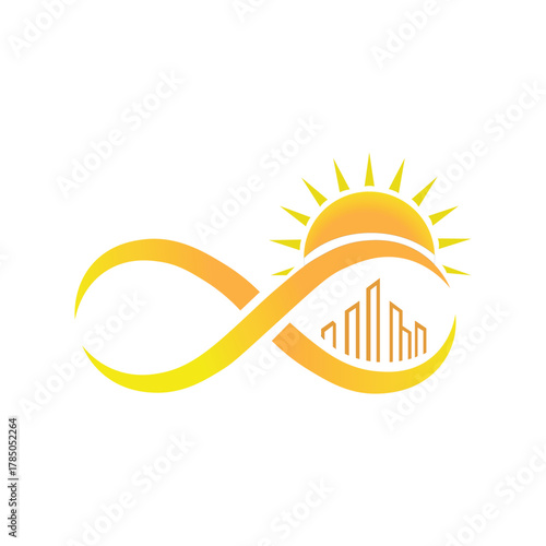 Infinite Horizons of the City: An artistic representation of a city skyline intertwined with an infinity symbol, illuminated by a radiant sun, symbolizing endless potential and growth.