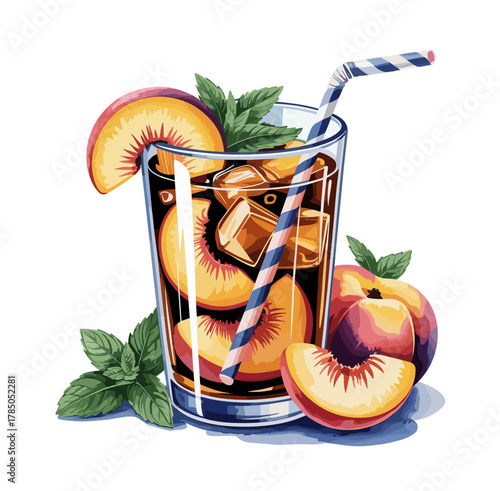 Realistic illustration of a tall glass of peach iced tea with ice cubes, mint, vibrant peach slices isolated on transparent background, detailed lighting, reflections, and fresh summer drink aesthetic