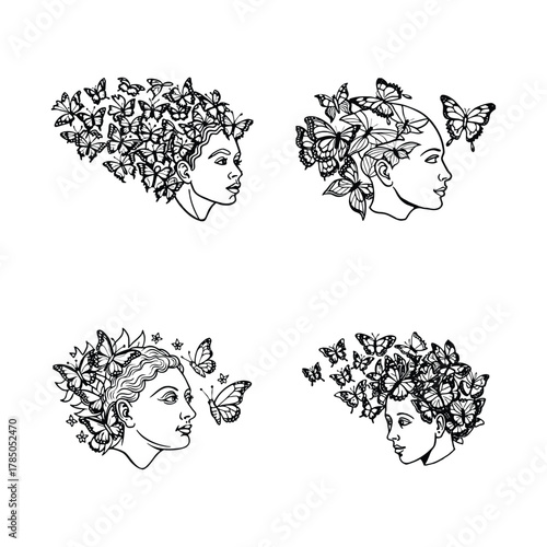 A set of head full of butterflies escaping silhouette vector isolated on white background