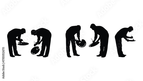 Artist silhouettes with palettes and brushes isolated on white background, Vector