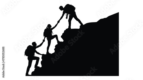 Mountain climbing teamwork silhouette isolated on white background, Vector