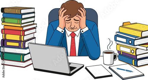 Stressed businessman overwhelmed by work and deadlines at his desk