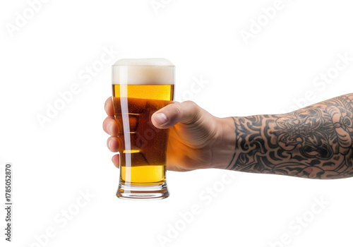 Hand with tattoo holding glass of beer isolated on transparent background in a studio shot