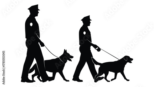 K9 police officers with dogs silhouettes isolated on white background, Vector