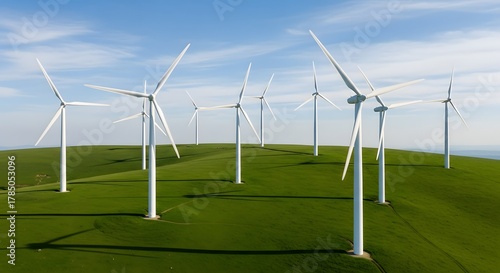 Close up rows of modern white wind turbines on green hills generate clean energy under a clear blue sky