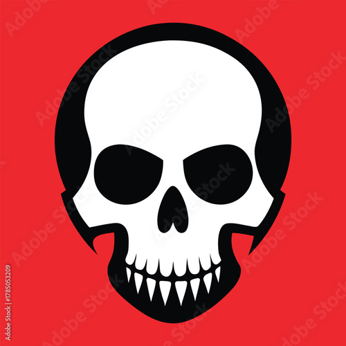 Bold graphic illustration of a white skull with black eye sockets and teeth on a vibrant red background