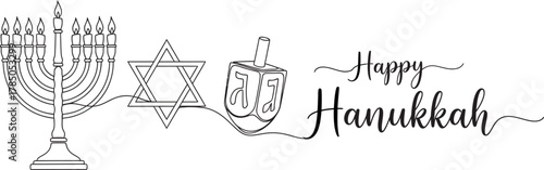 Elegant hanukkah menorah with candles and happy hanukkah calligraphy illustration