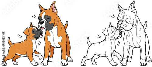 Cute Boxer Dog Mother and Puppy Showing Affection - Adorable Canine Family Illustration