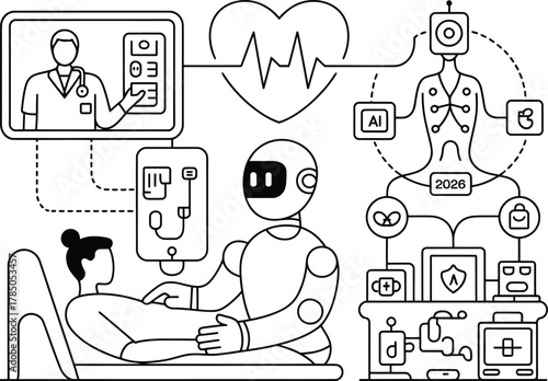 Robot assisting patient with medical technology and doctor consultation