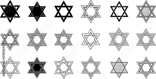Collection of star of david symbols in various distressed and outlined styles for religious and cultural representation