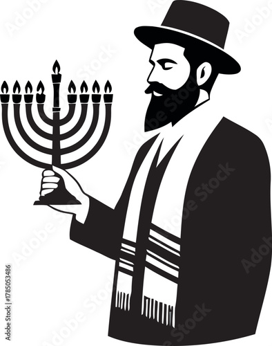 Orthodox jewish man wearing a hat and tallit holding a menorah with a lit candle