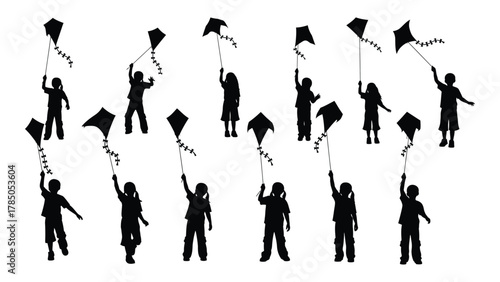 Children flying kites silhouettes isolated on white background, Vector