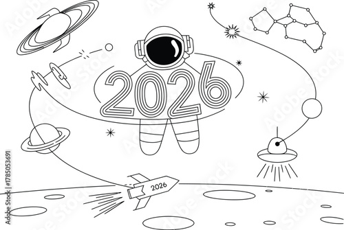 Astronaut surrounded by planets rockets and galaxies in outer space