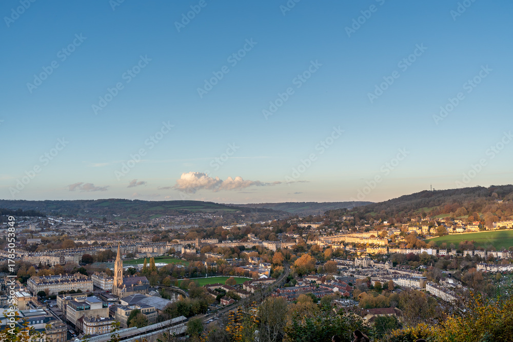 Fototapeta premium Panoramic view of cityscape at sunset